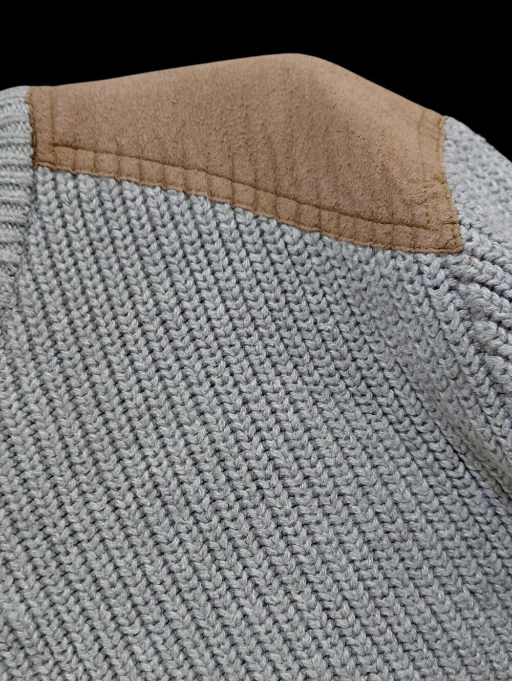 J. Crew Woodsmen Gray Crewneck Ribbed Sweater with Tan Shoulder Patches Size L